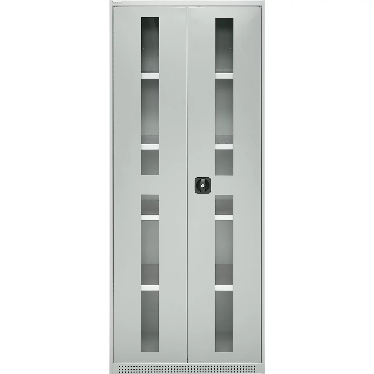Grey cabinet doors with rectangular glass inserts, a handle in the middle.