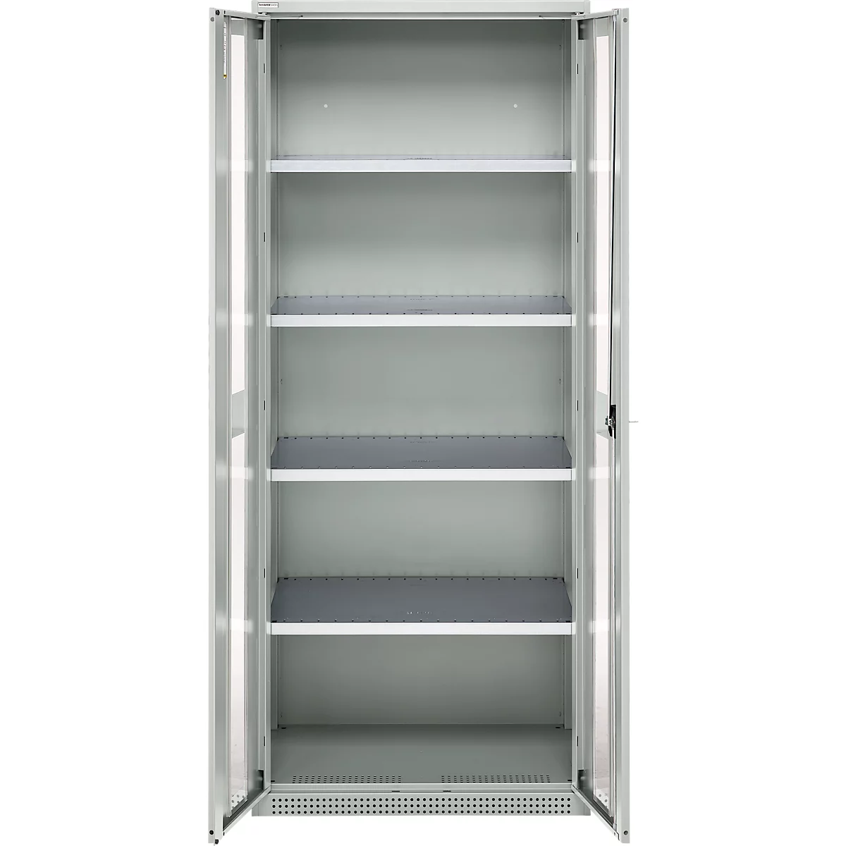 Open gray steel cabinet with six shelves visible through the open doors.