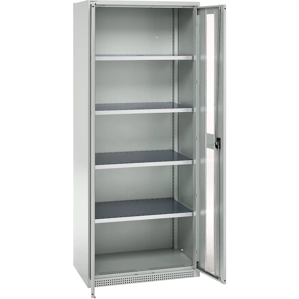 Grey steel cabinet with open door, interior with five shelves. The cabinet stands in front of a white background.