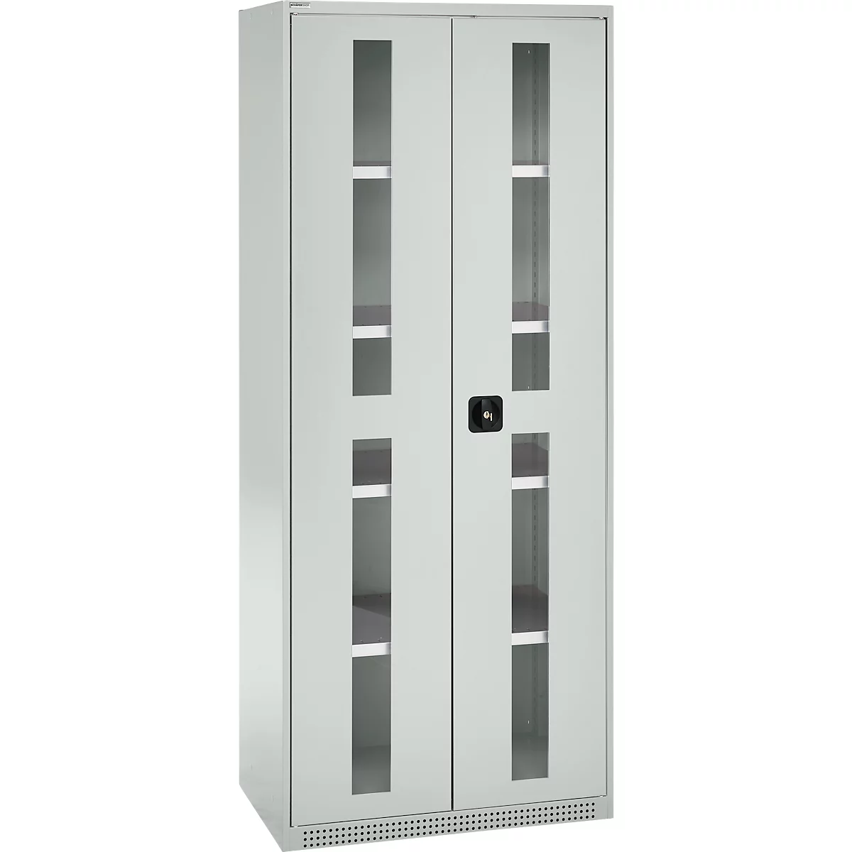 Gray steel cabinet with glass doors. Four glass sections per door show shelves. The cabinet has a black rotary handle.