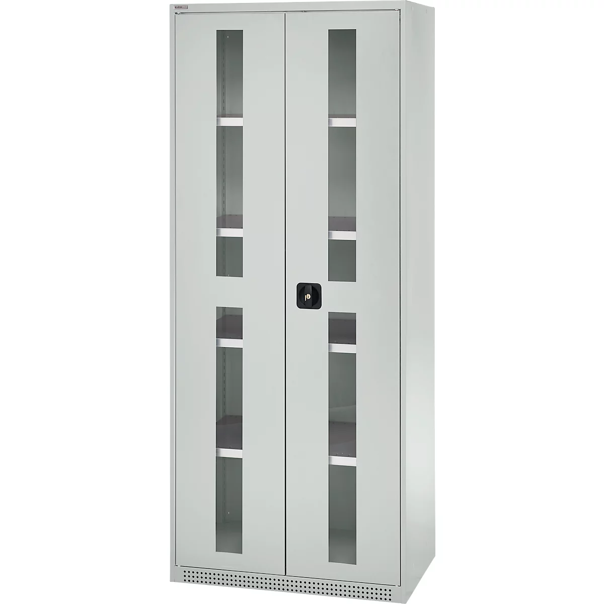 Gray steel cabinet with glass doors, shelves, and a black lock.