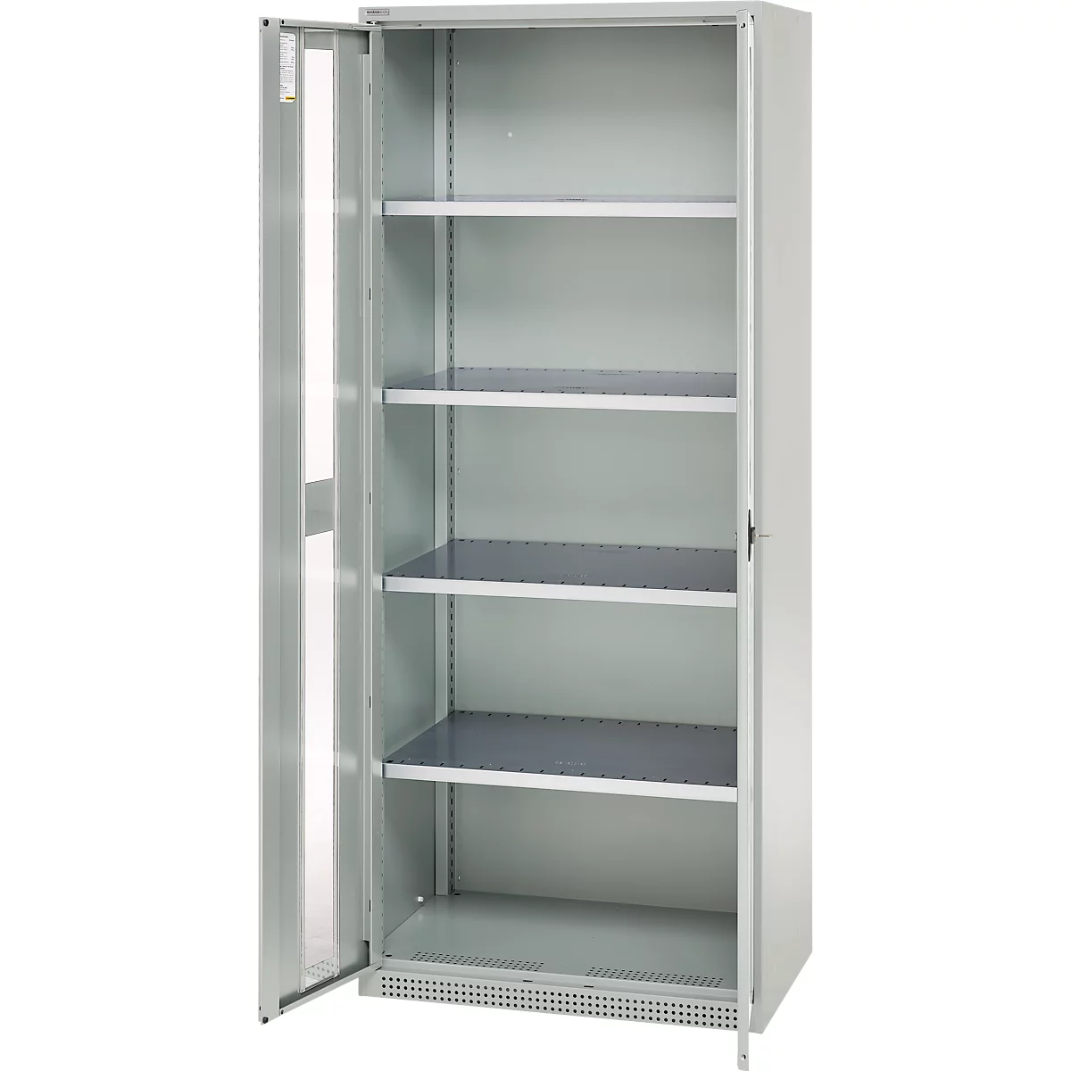 Gray metal cabinet, left door open. Interior view: Five shelves.