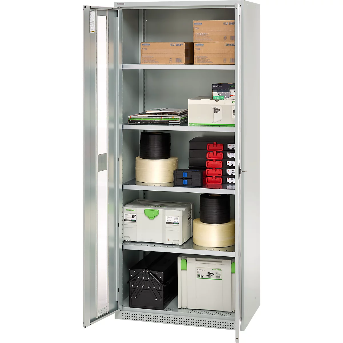 Open silver cabinet. Inside are boxes, spools and tool boxes.
