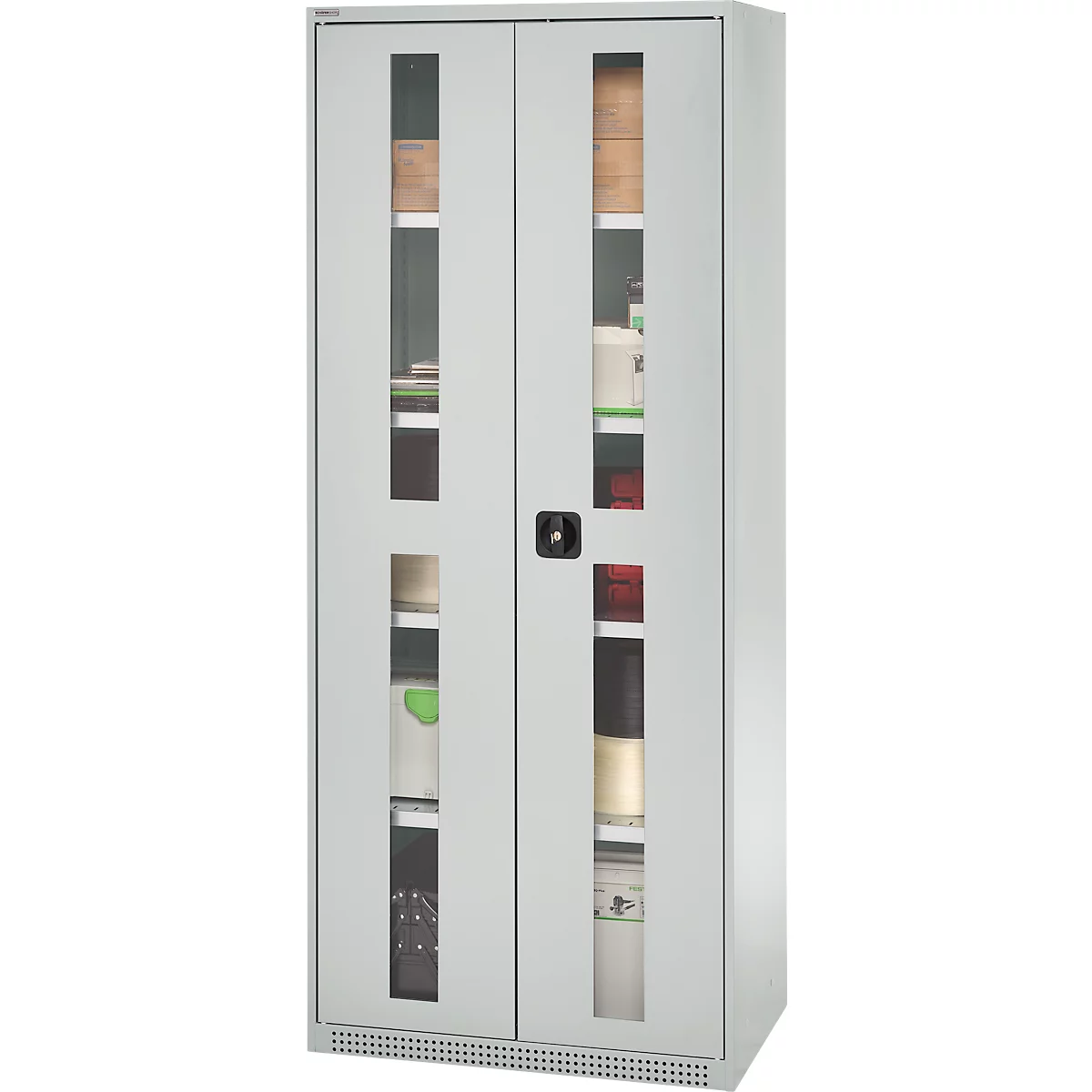 Grey cabinet with glass windows. Divided into different compartments, filled with folders, boxes and other items.