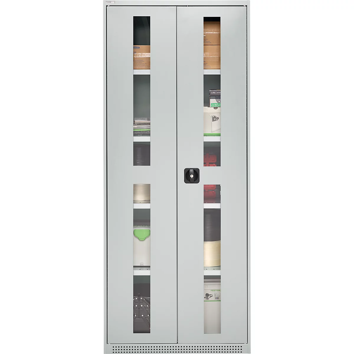 Gray cabinet with glass doors, behind it shelves with various products. A black door knob is in the middle.