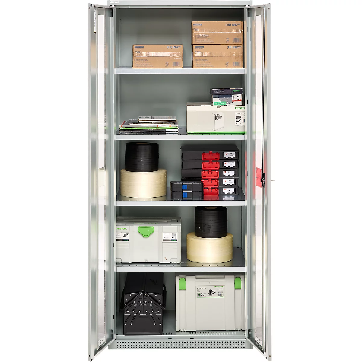 An open steel cabinet with multiple shelves filled with tools, boxes, spools, and cartons.