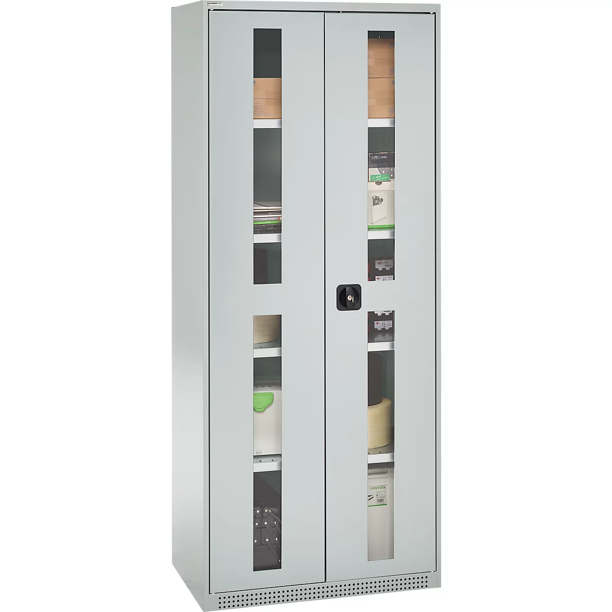 Grey steel cabinet with glass windows, filled with folders and office supplies. A dark handle is in the middle.