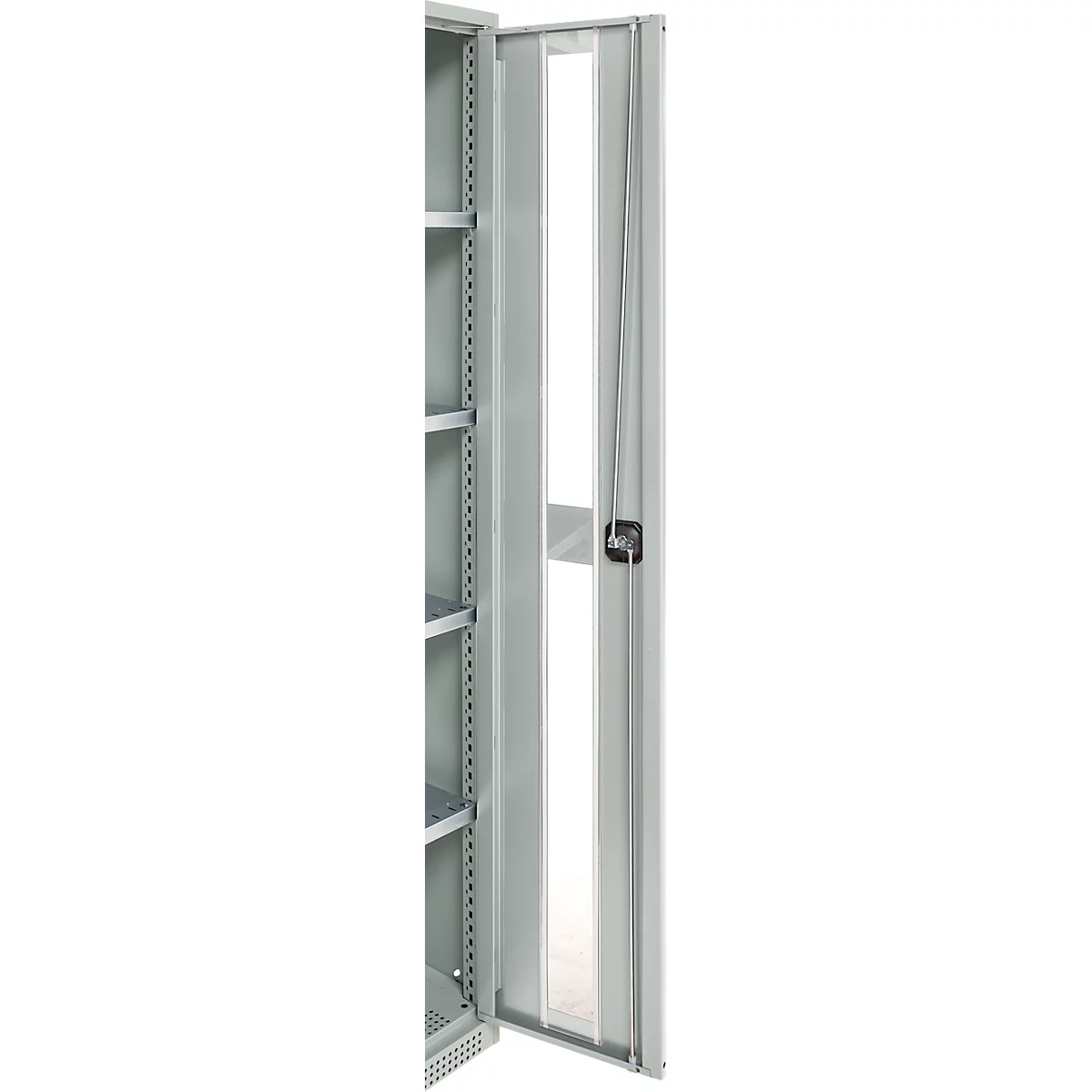 Gray metal cabinet, partially open. Shelves are visible. A handle is mounted on the door.