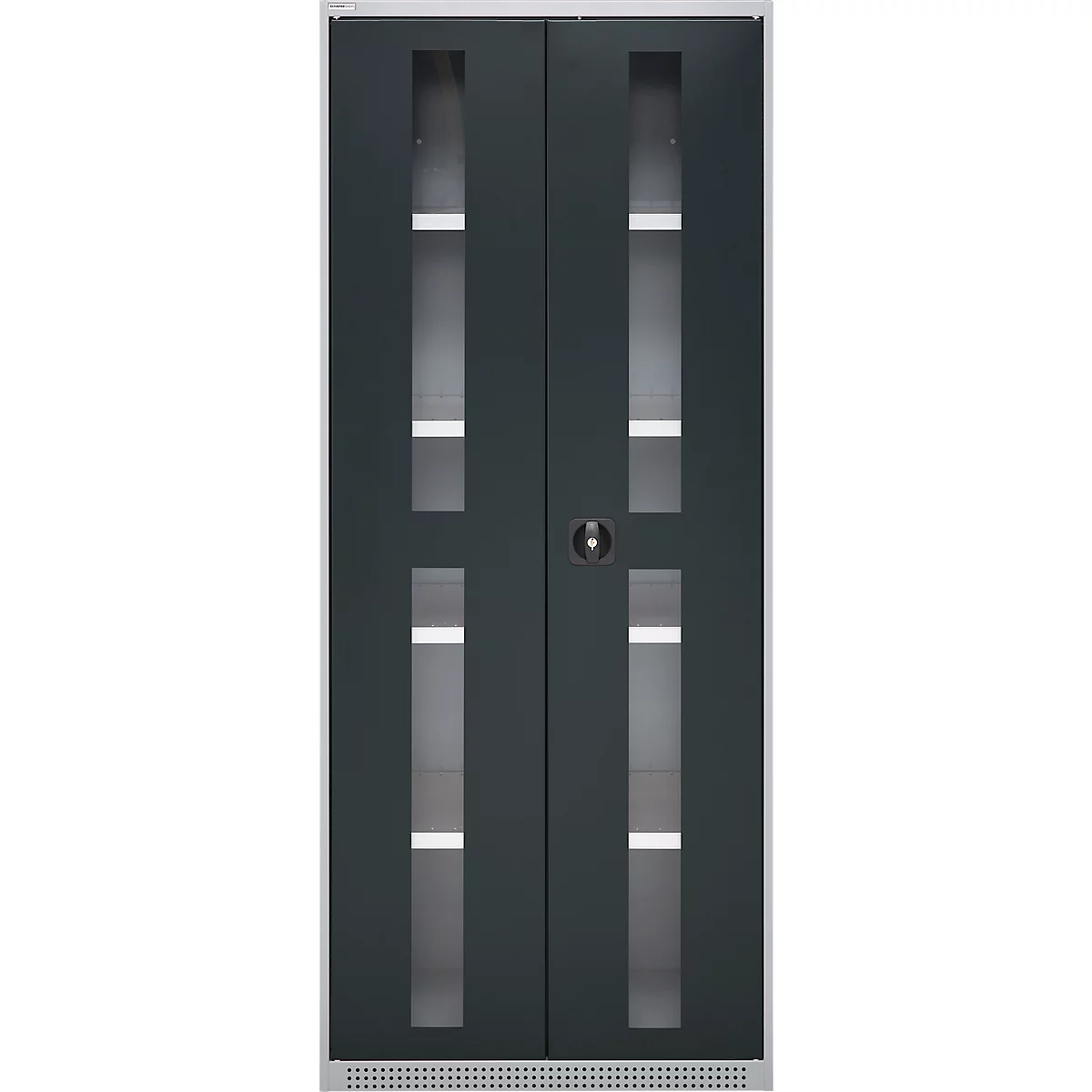 Double door in dark grey with glass windows and horizontal white stripes. A handle is in the middle.