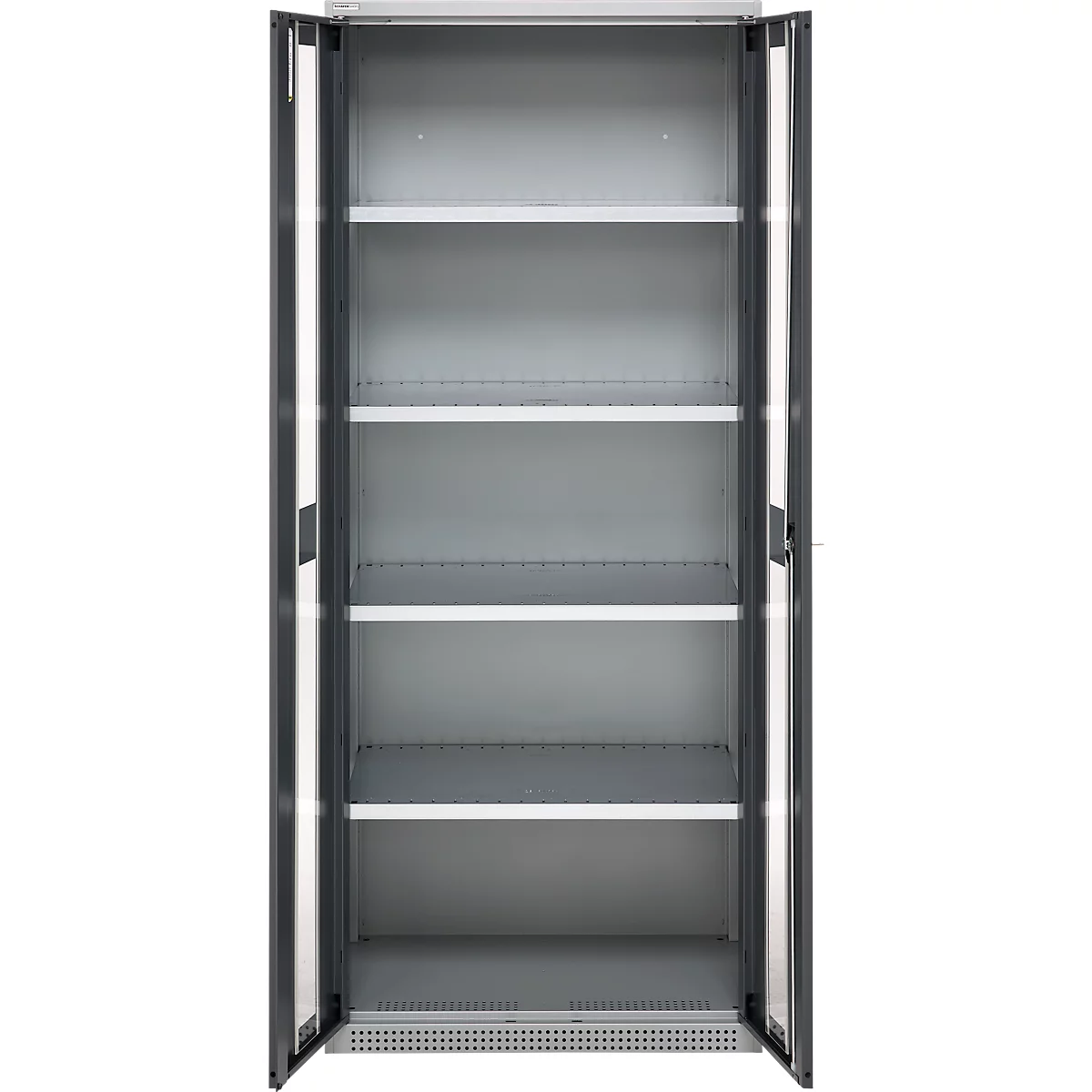 Open cabinet, six shelves, gray metal. The doors are open, the background is white.
