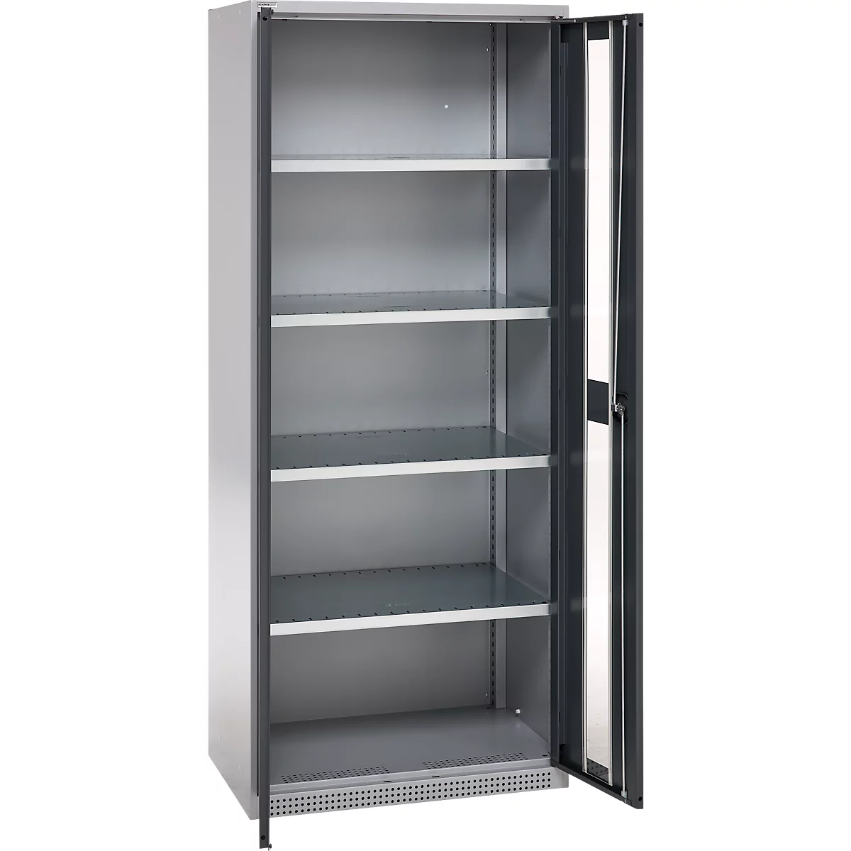 Grey metal cabinet with open door, view inside with shelves.