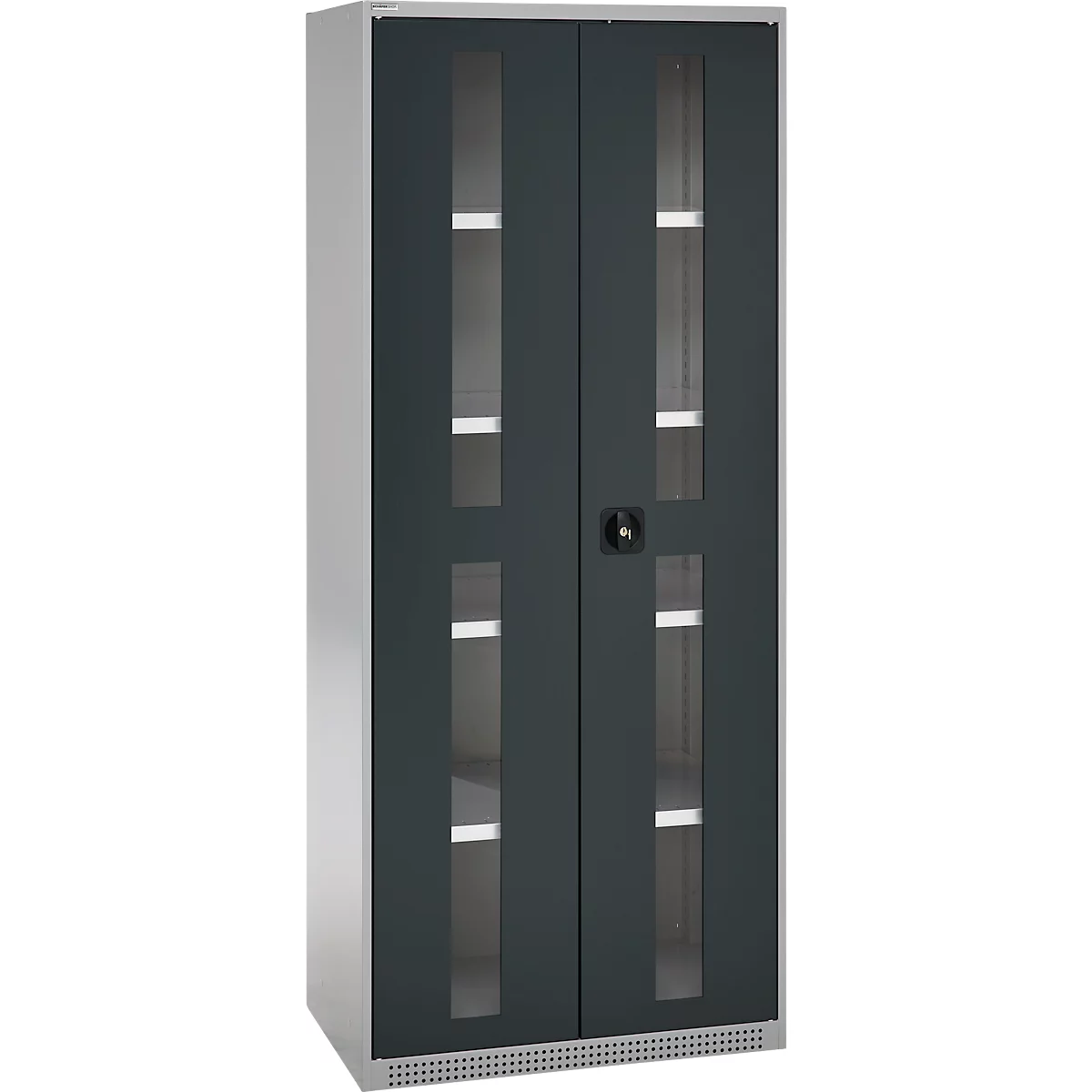 Gray steel cabinet with glass doors, interior shelves visible. Black handle. Clean lines, neat look.