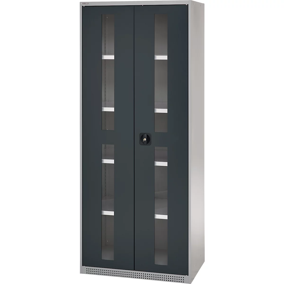 Dark grey office cabinet with two doors and glass windows. Light shelves are visible behind.