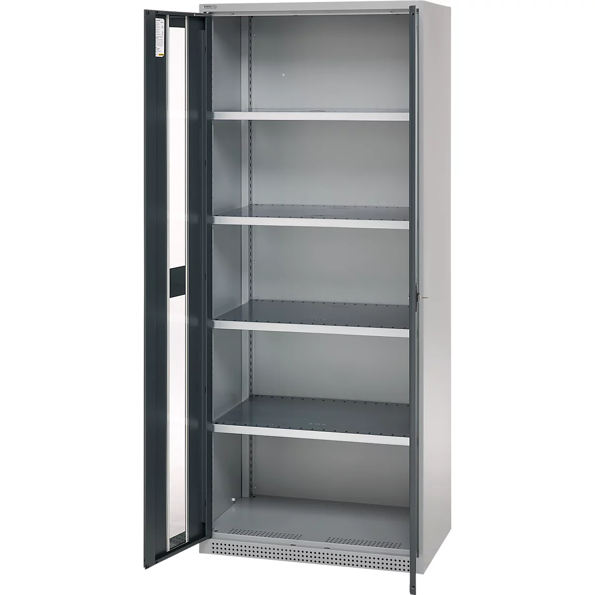 A grey steel cabinet with open doors, revealing five shelves.