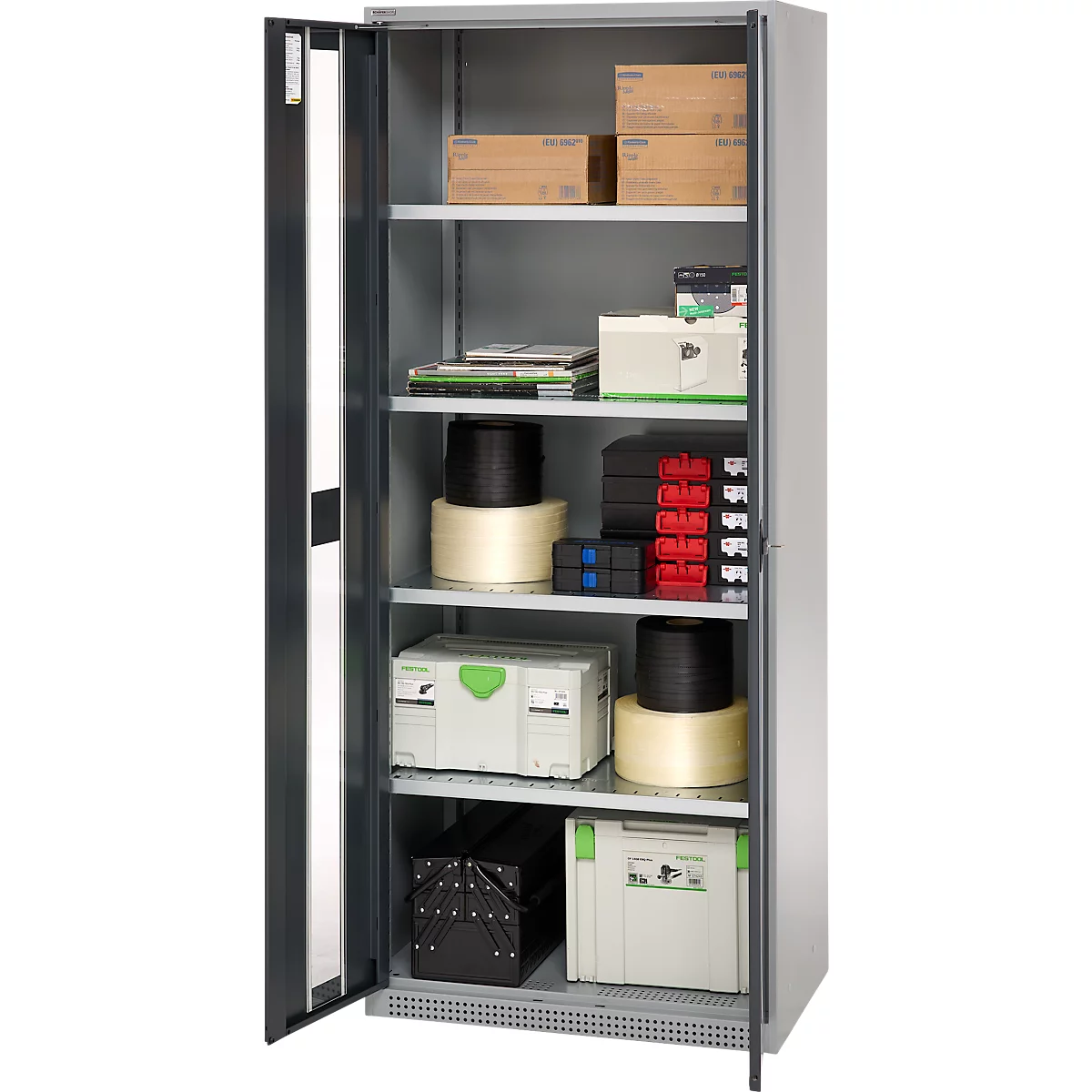 Opened metal cabinet with shelves. Boxes, tools, spools, and toolboxes.