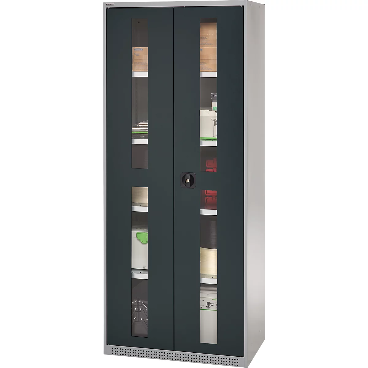 A gray steel cabinet with two doors that provide a view of the contents through glass windows.
