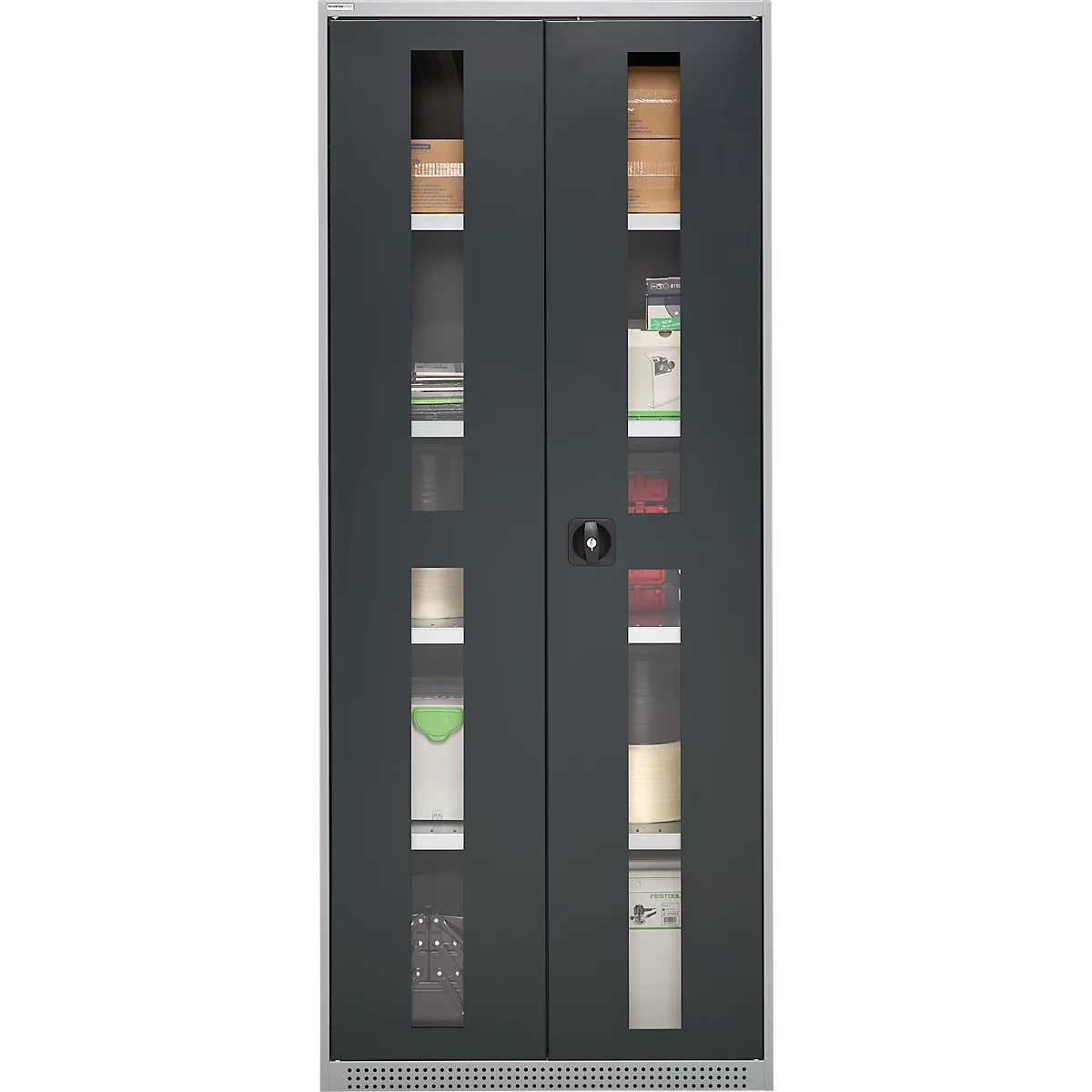 Gray cabinet with two doors and viewing windows, filled with goods. A lock is visible in the center of the doors.