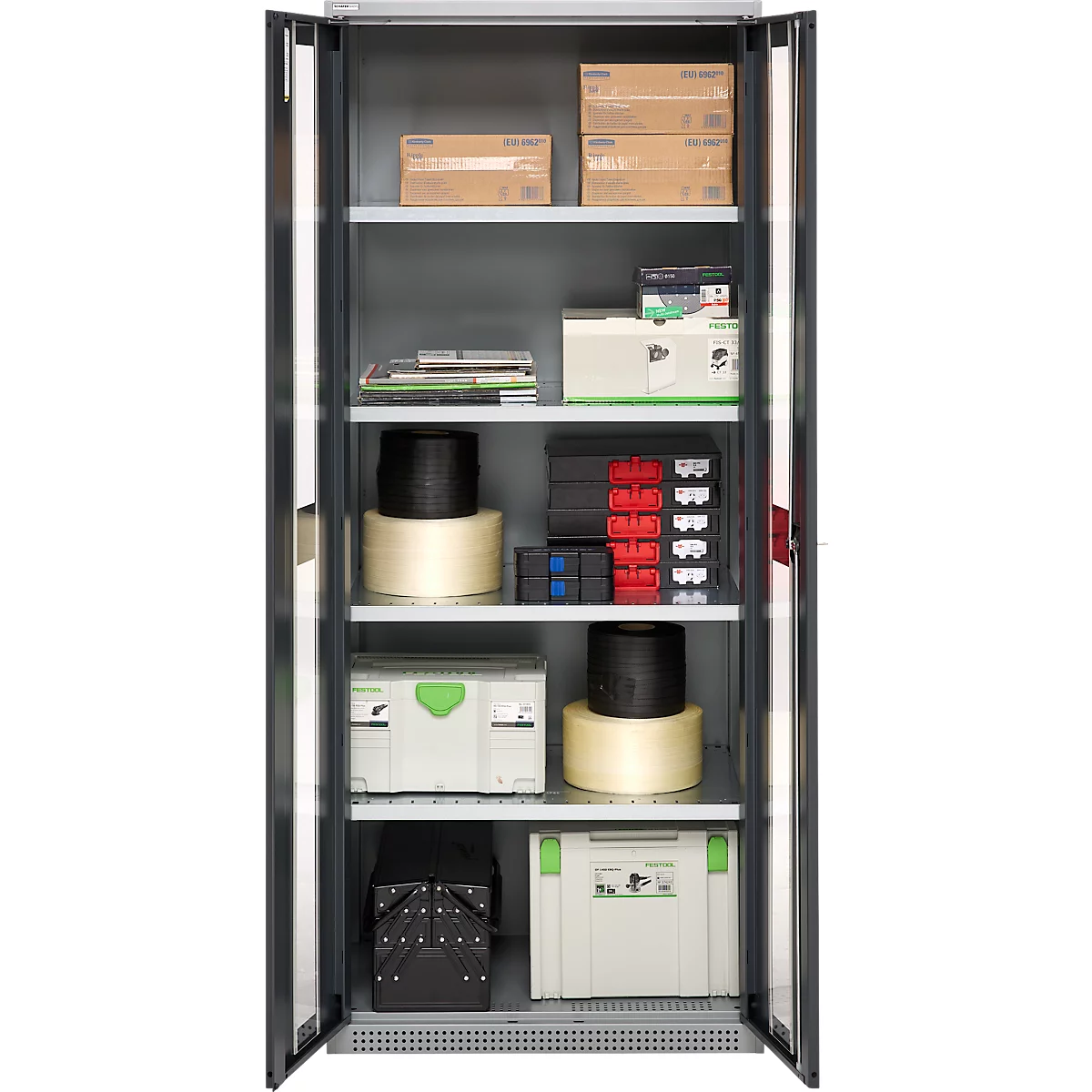 Cabinet with open doors, filled with tools, boxes, and spools.
