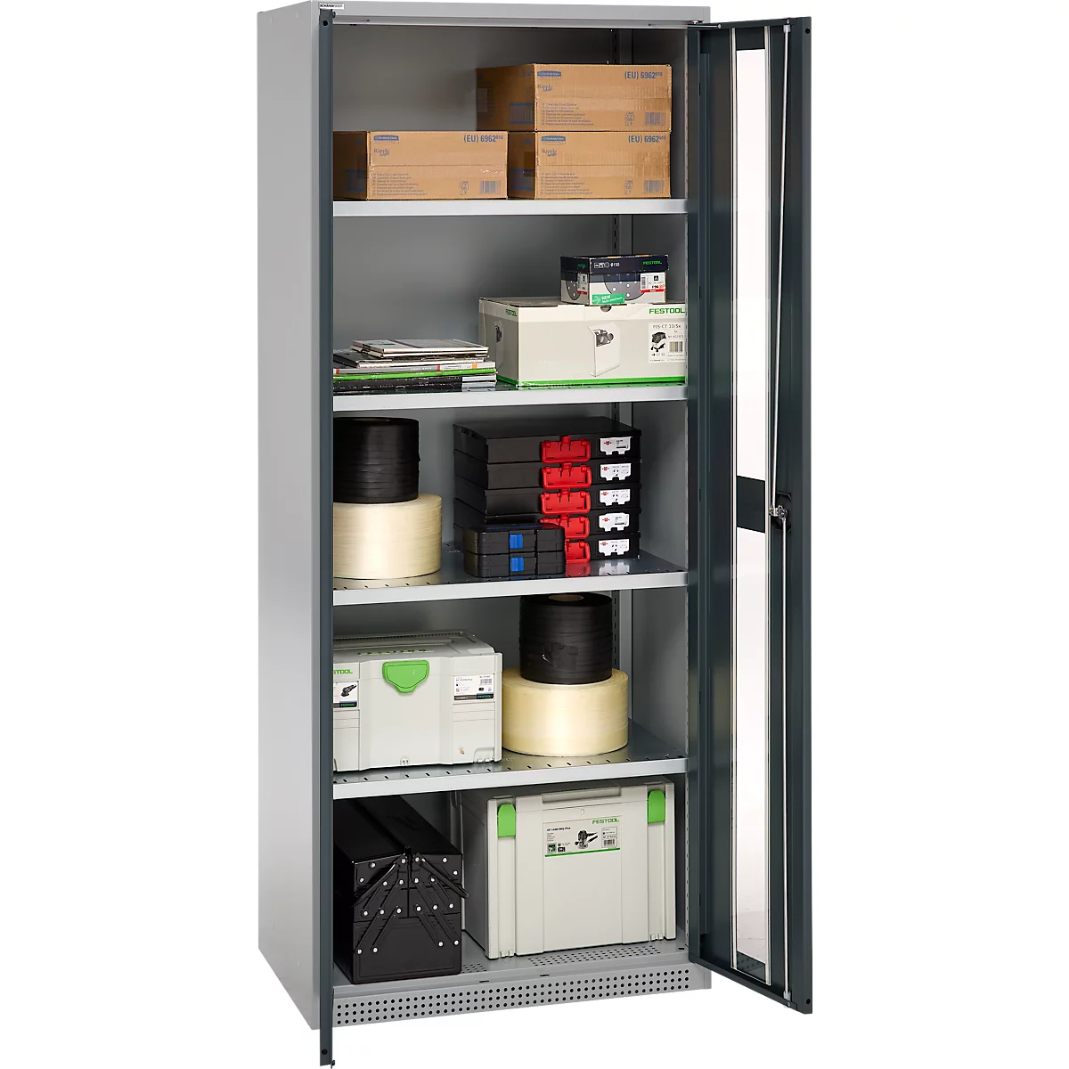 Open metal cabinet with various stored items: boxes, tools, rolls.