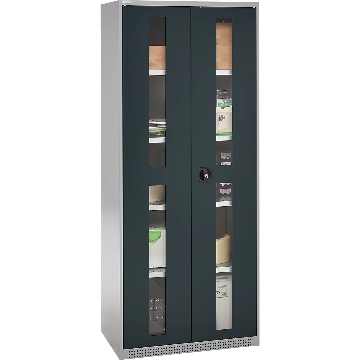 Dark gray filing cabinet with glass doors, filled with folders, papers and equipment.