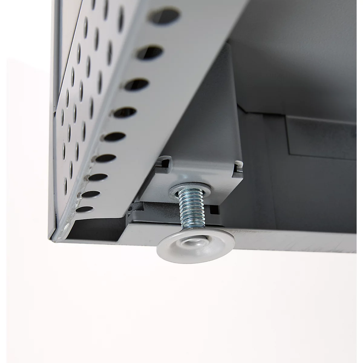 Close-up of a metal shelf bracket with adjustable foot. Gray color. Screw with foot.