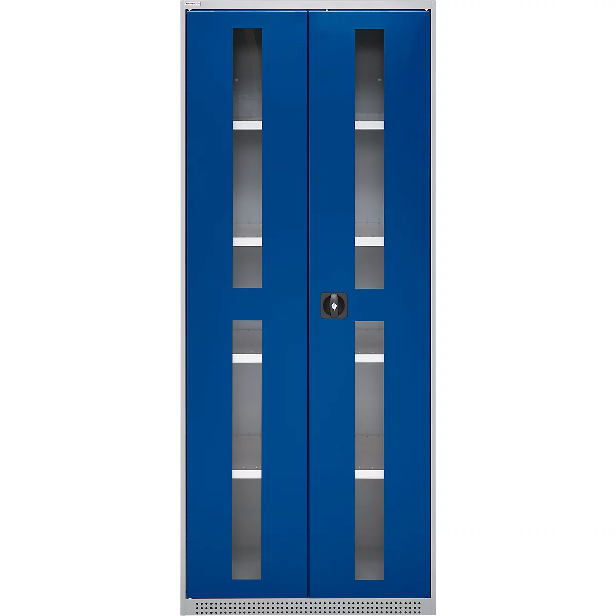 Blue double door with glass windows and silver frame. The door has a silver handle.
