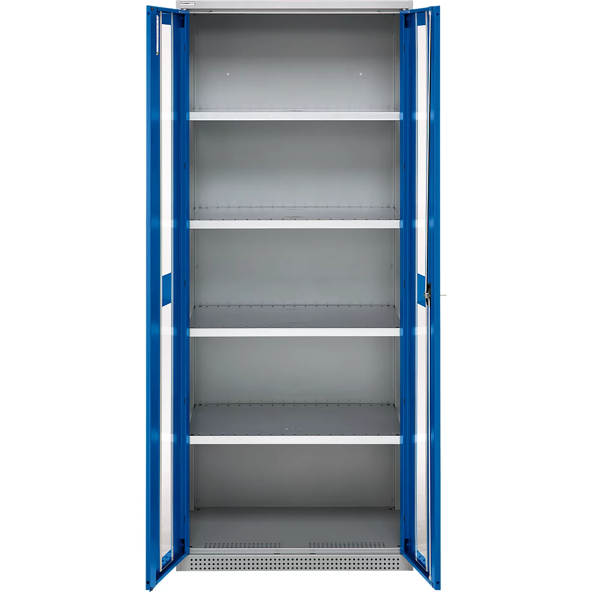 Blue steel cabinet with open doors and multiple shelves.