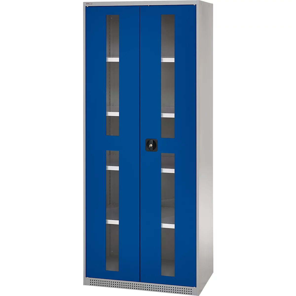 Blue cabinet with glass front and shelves. A black rotary knob in the middle.