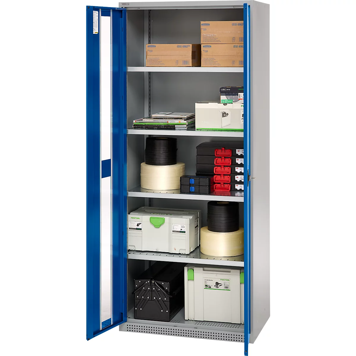 Open metal cabinet with multiple shelves, filled with boxes, tools, and rolls.