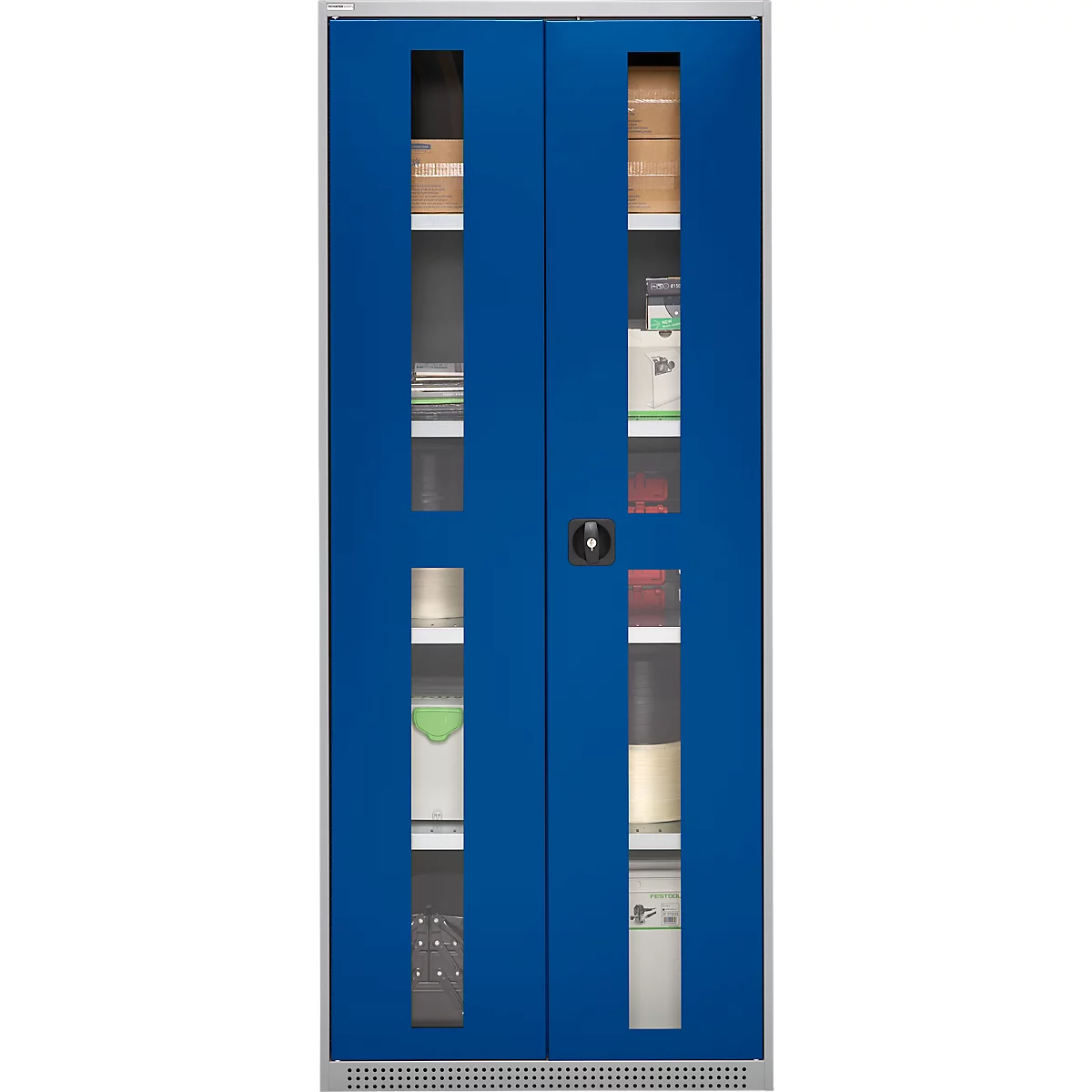 Blue filing cabinet with glass windows filled with office supplies. Handle centered.