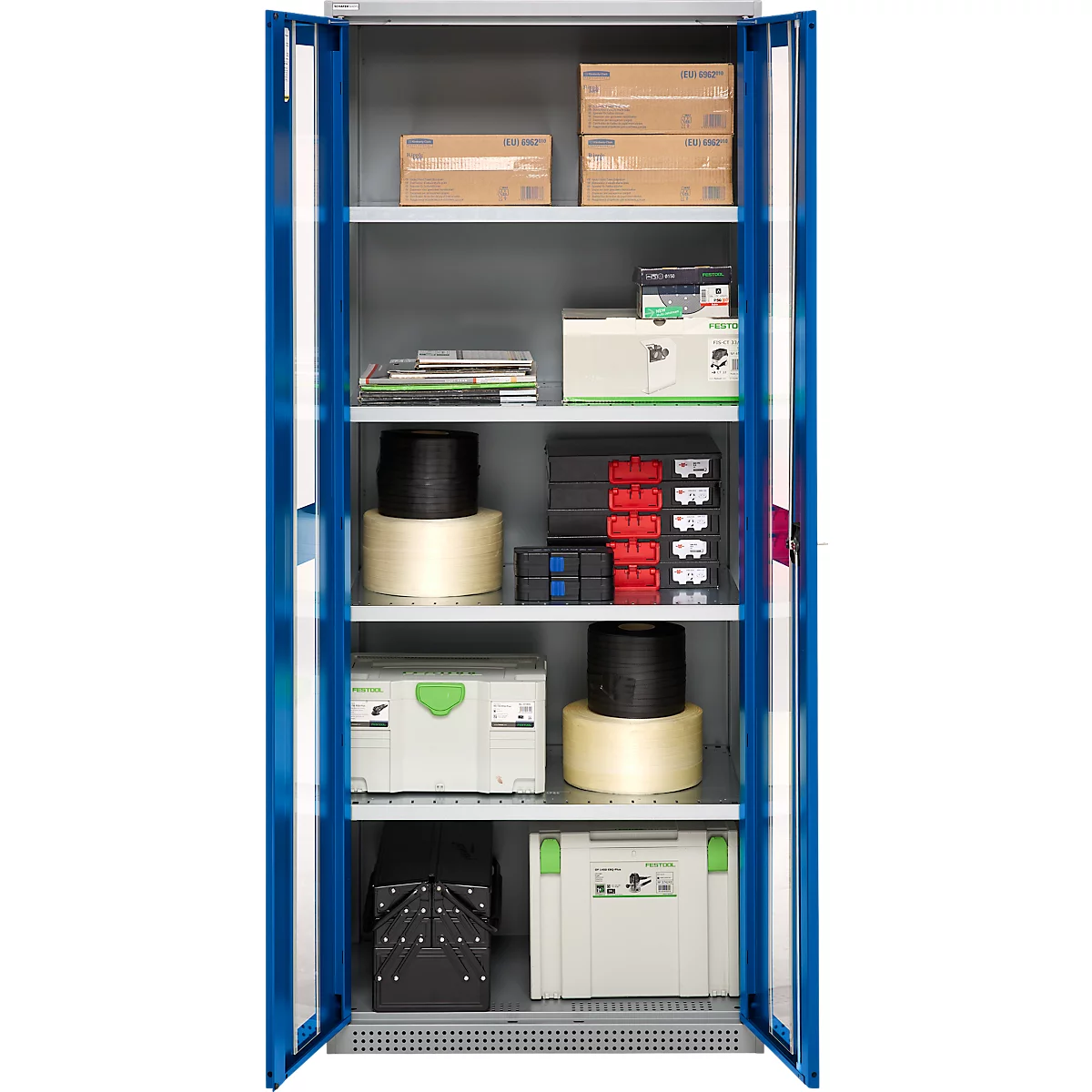 Open blue steel cabinet with shelves. Filled with various tools, boxes, and spools.