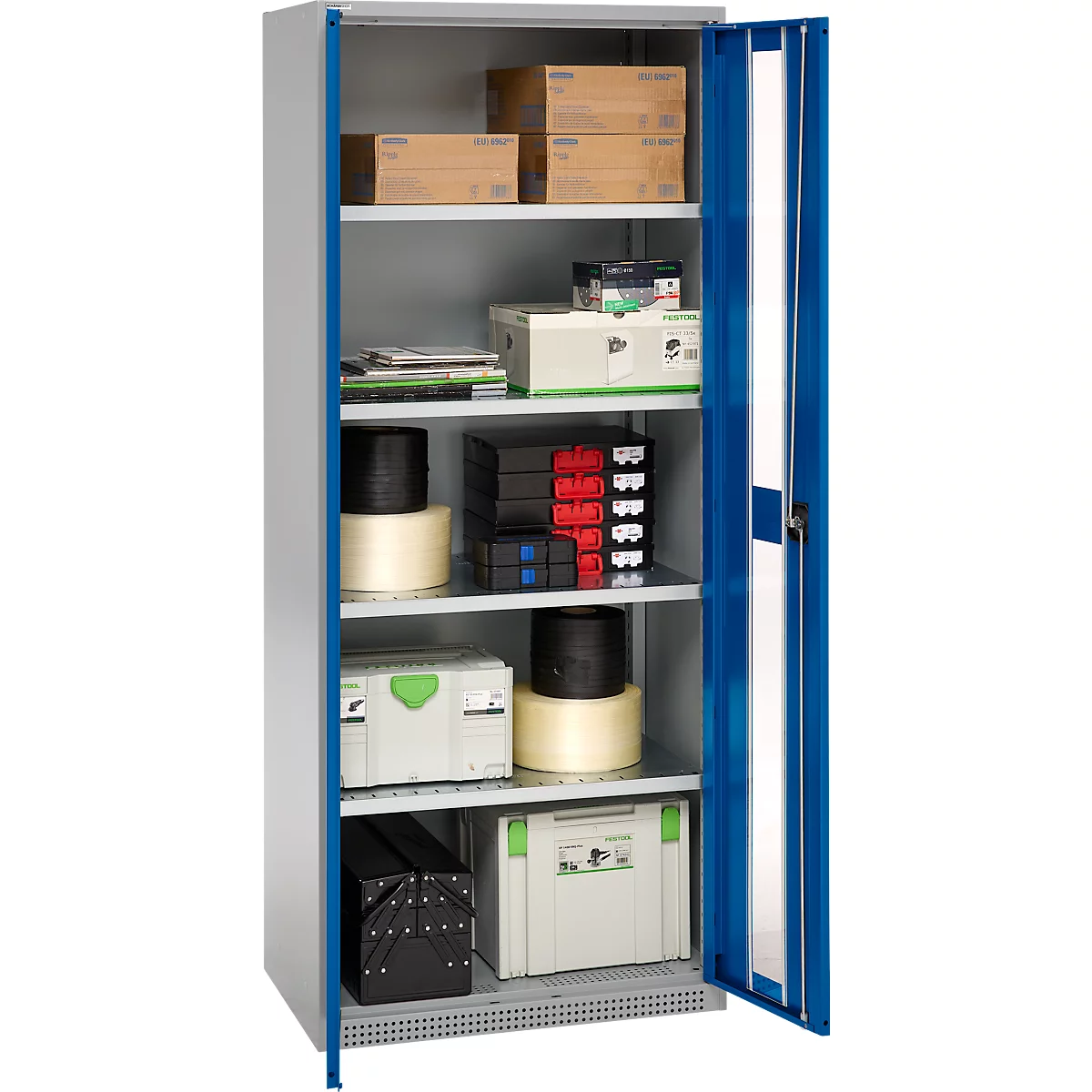 An open tool cabinet with various tools and materials on the shelves. The left door is open and shows the blue accents.
