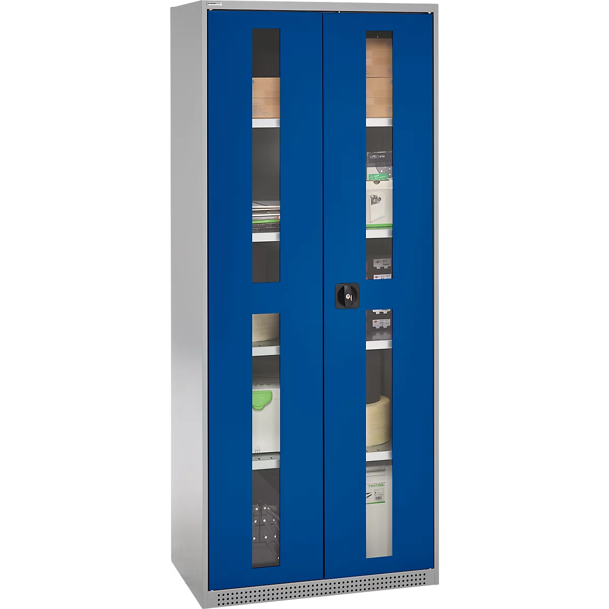 Blue cabinet with glass doors, filled with folders and materials.