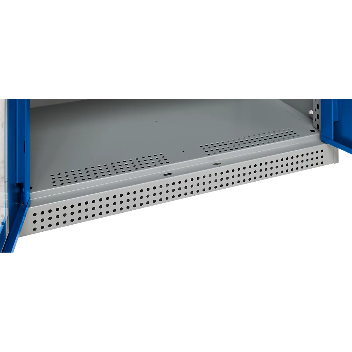 Close-up of a metal cabinet with a perforated shelf and blue door frames.