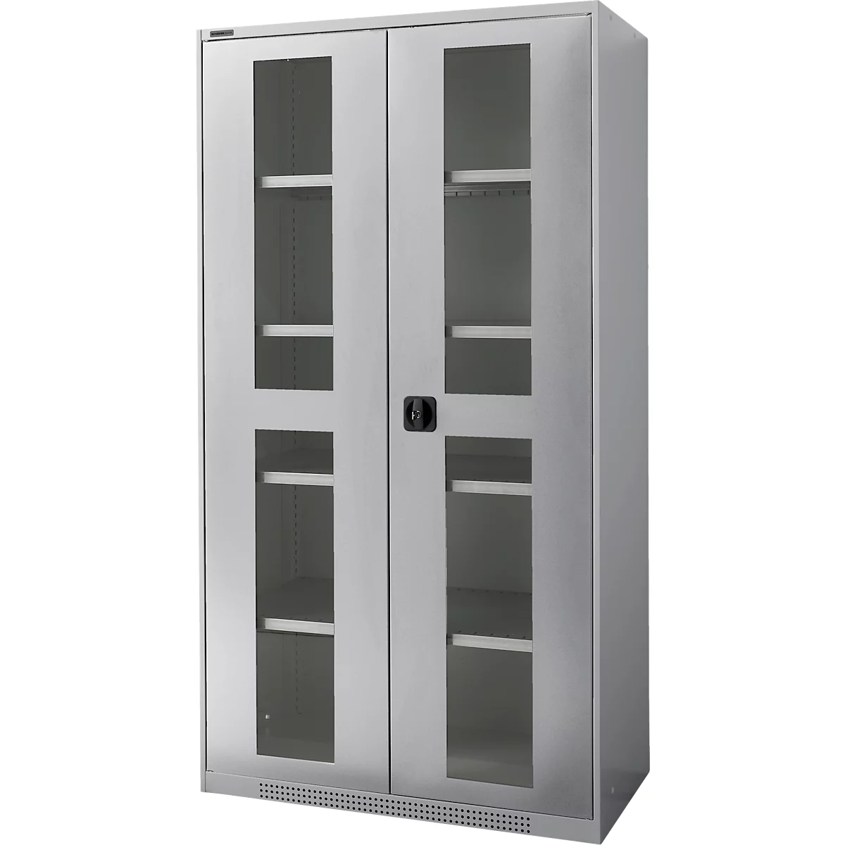 Grey steel cabinet with two glass doors, shelves behind. Black handle in the middle. On a light grey background.