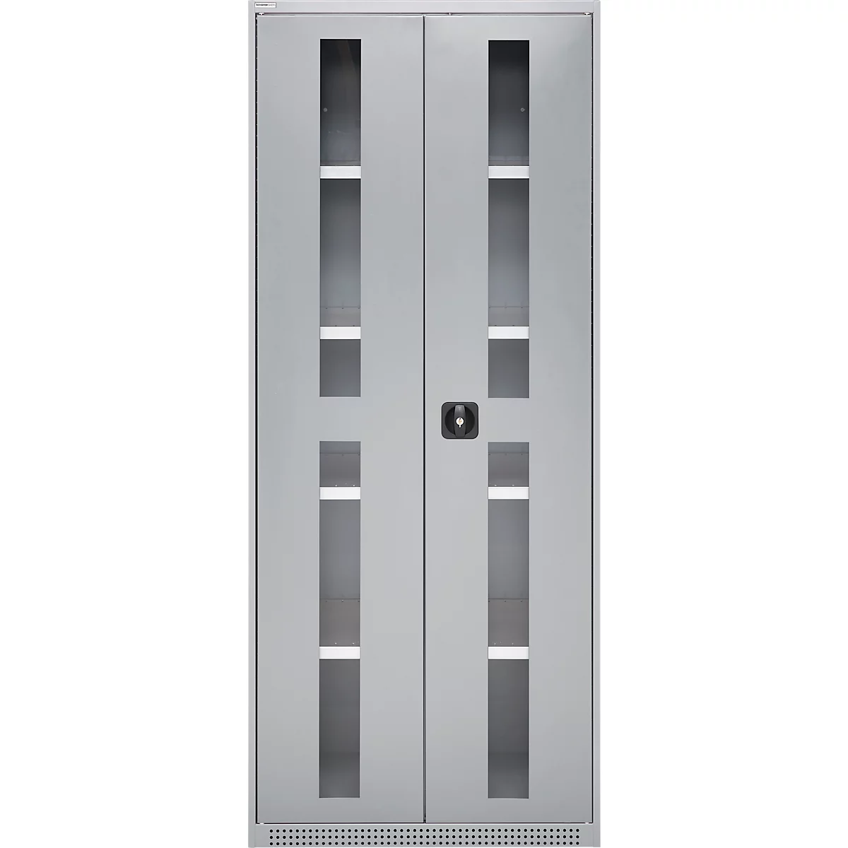 Double door with glass inserts and handle in the middle. Gray color, simple design.