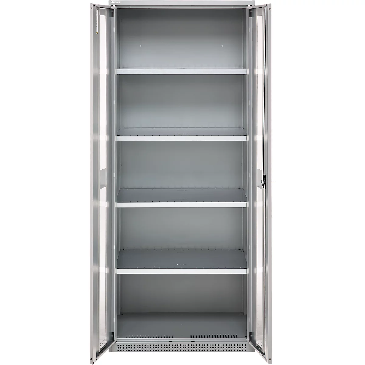 An empty grey cabinet with six shelves, doors open.