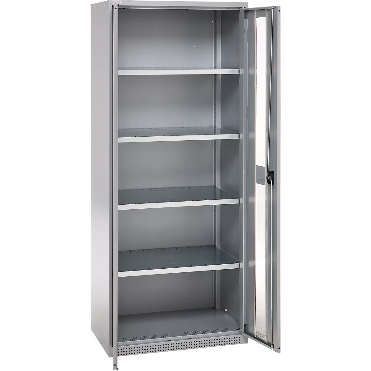 Gray steel cabinet with open door, shelves inside. Lighting inside. Application image.