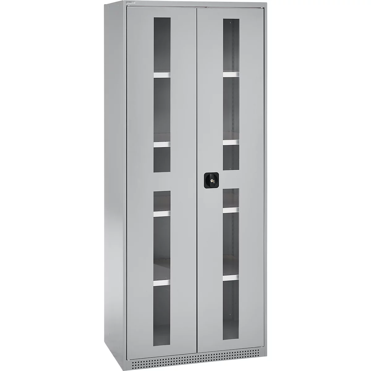 Grey metal cabinet with glass doors and shelves.