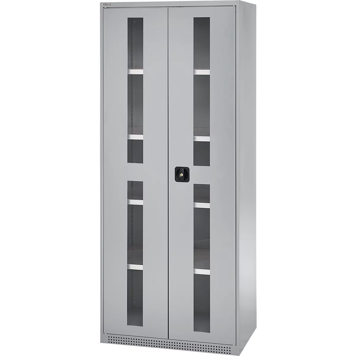 Gray cabinet with glass windows and a black handle. A cabinet with several compartments is visible.
