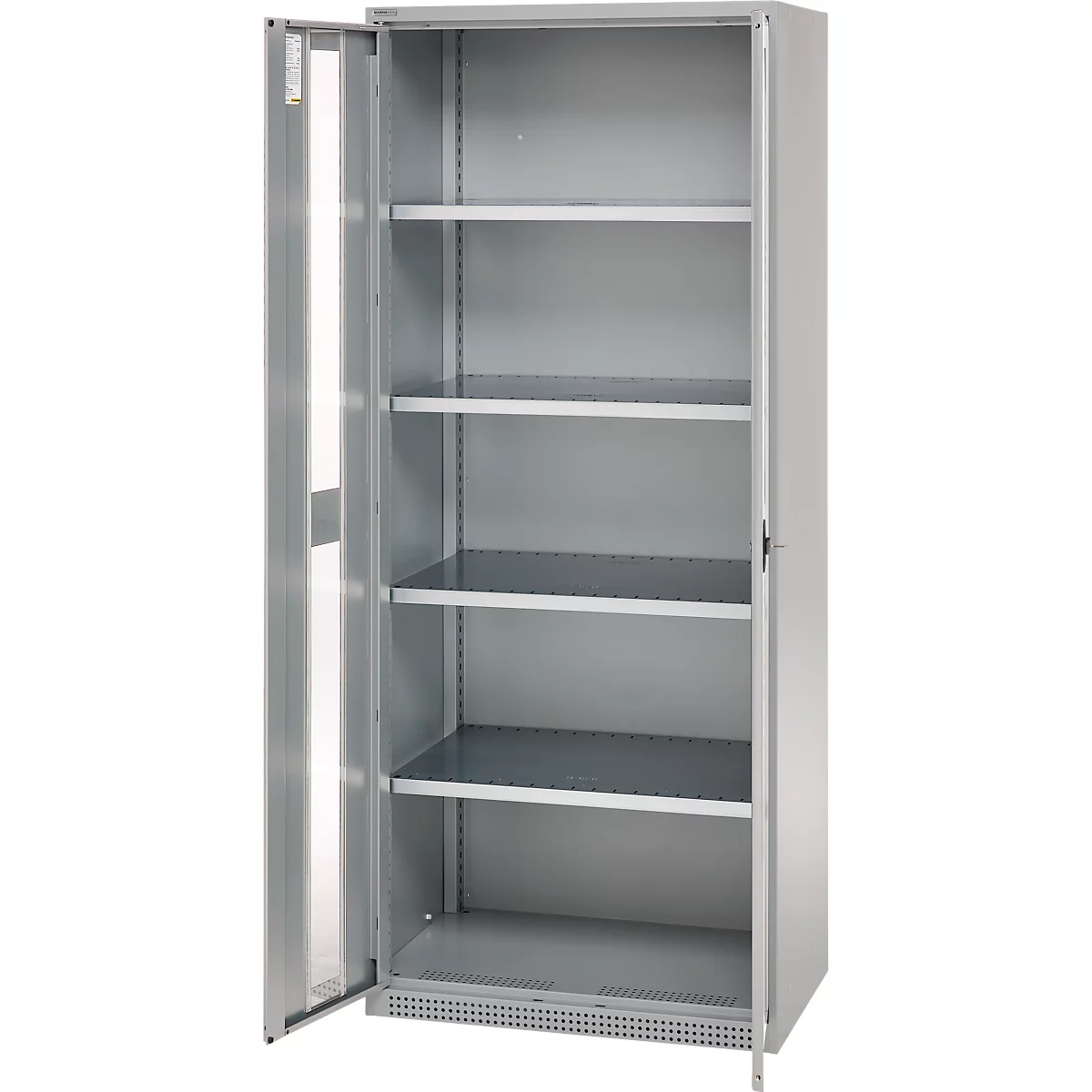 Gray metal cabinet with open door and five shelves. A white wall can be seen in the background.