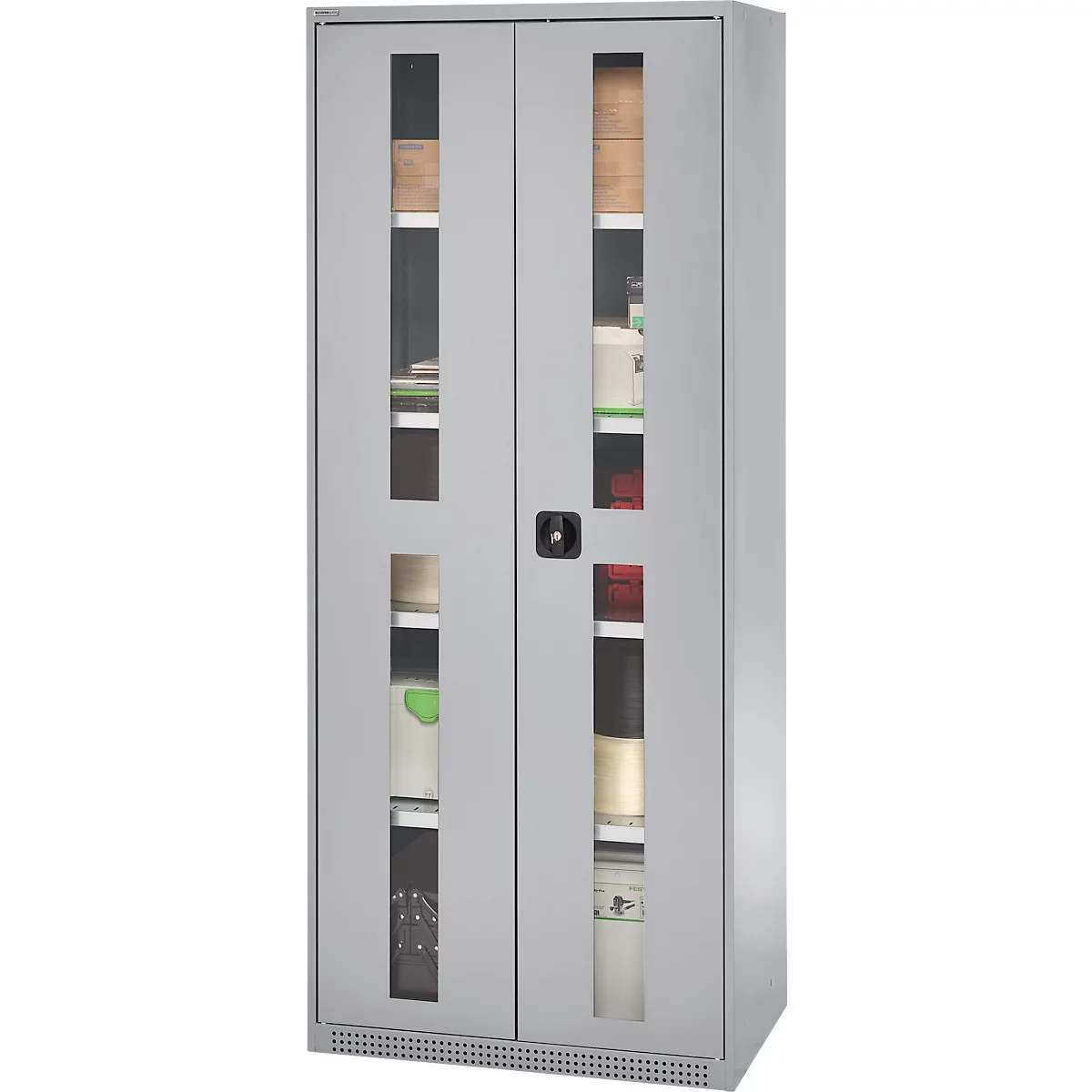 Grey cabinet with glass doors, filled with objects like bottles and boxes.