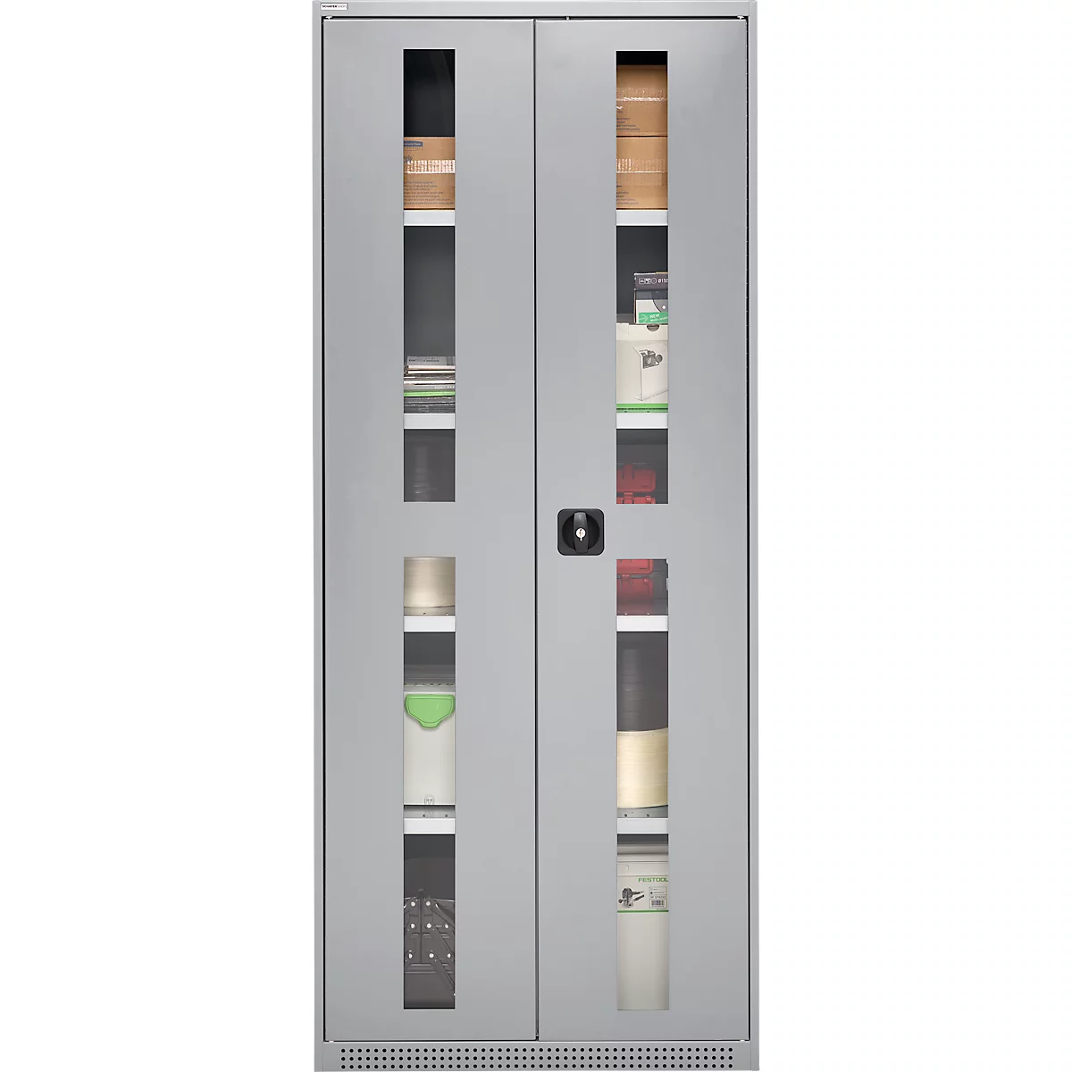 Grey cabinet with glass windows, behind which are various products. A black lock is located in the middle.