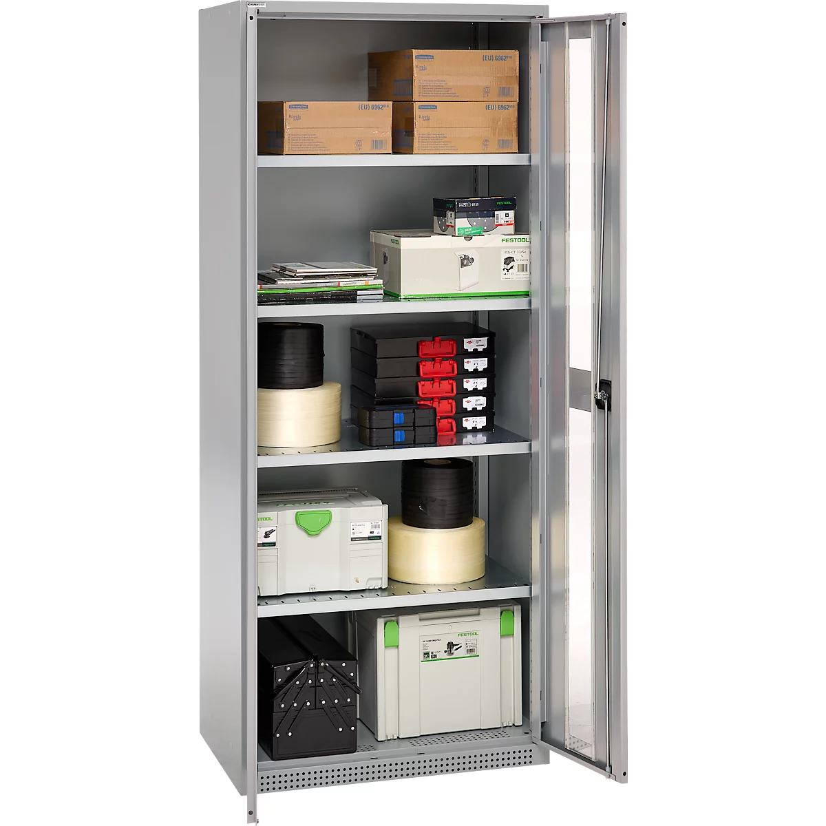 An open grey steel cabinet with shelves filled with office supplies and tools. The door is open.