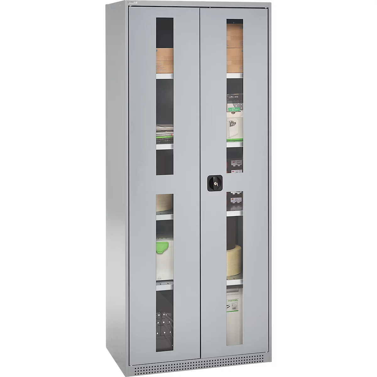 Grey steel cabinet with glass doors. Documents are stored on the shelves.
