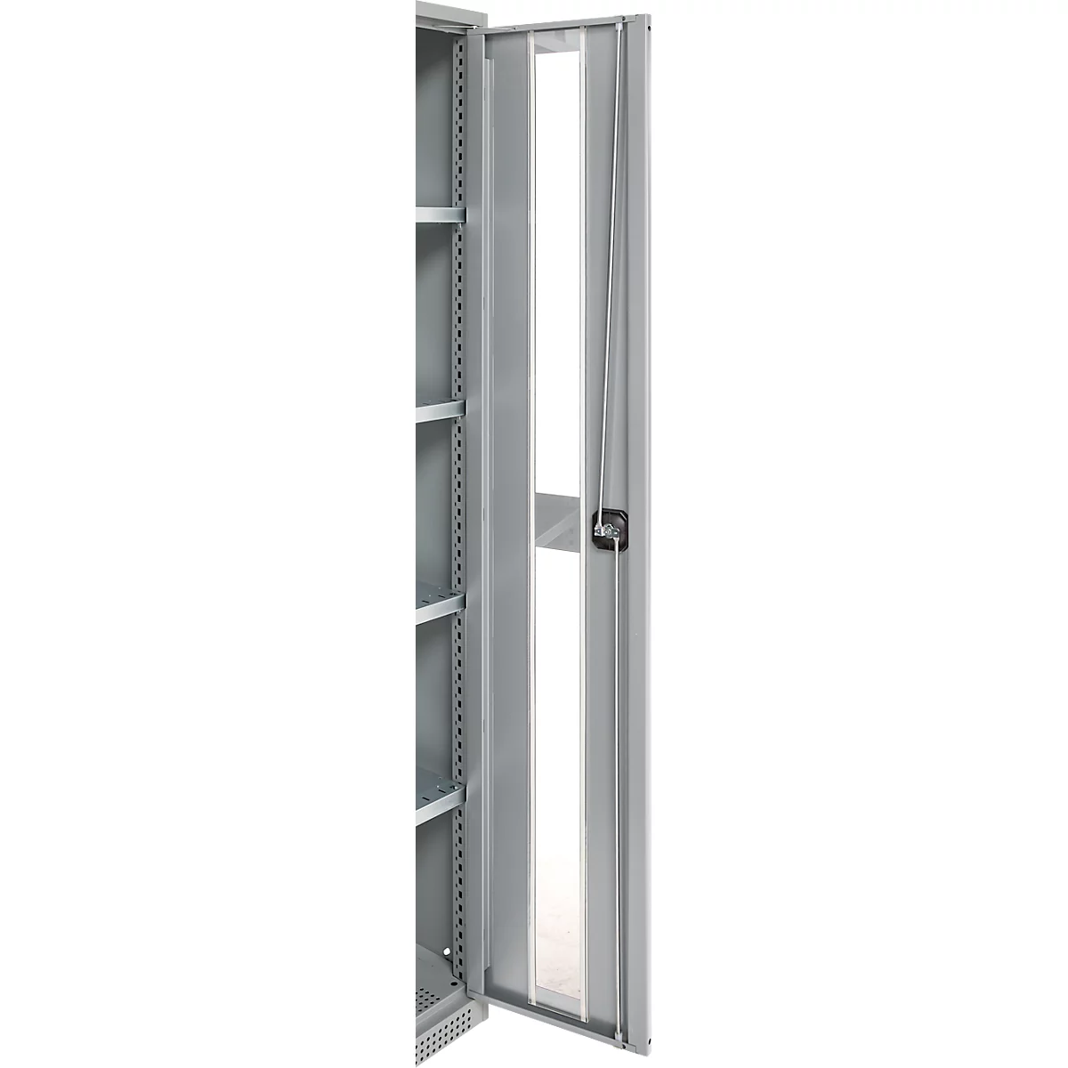 A silver metal cabinet, one door open. Shelves can be seen behind it.