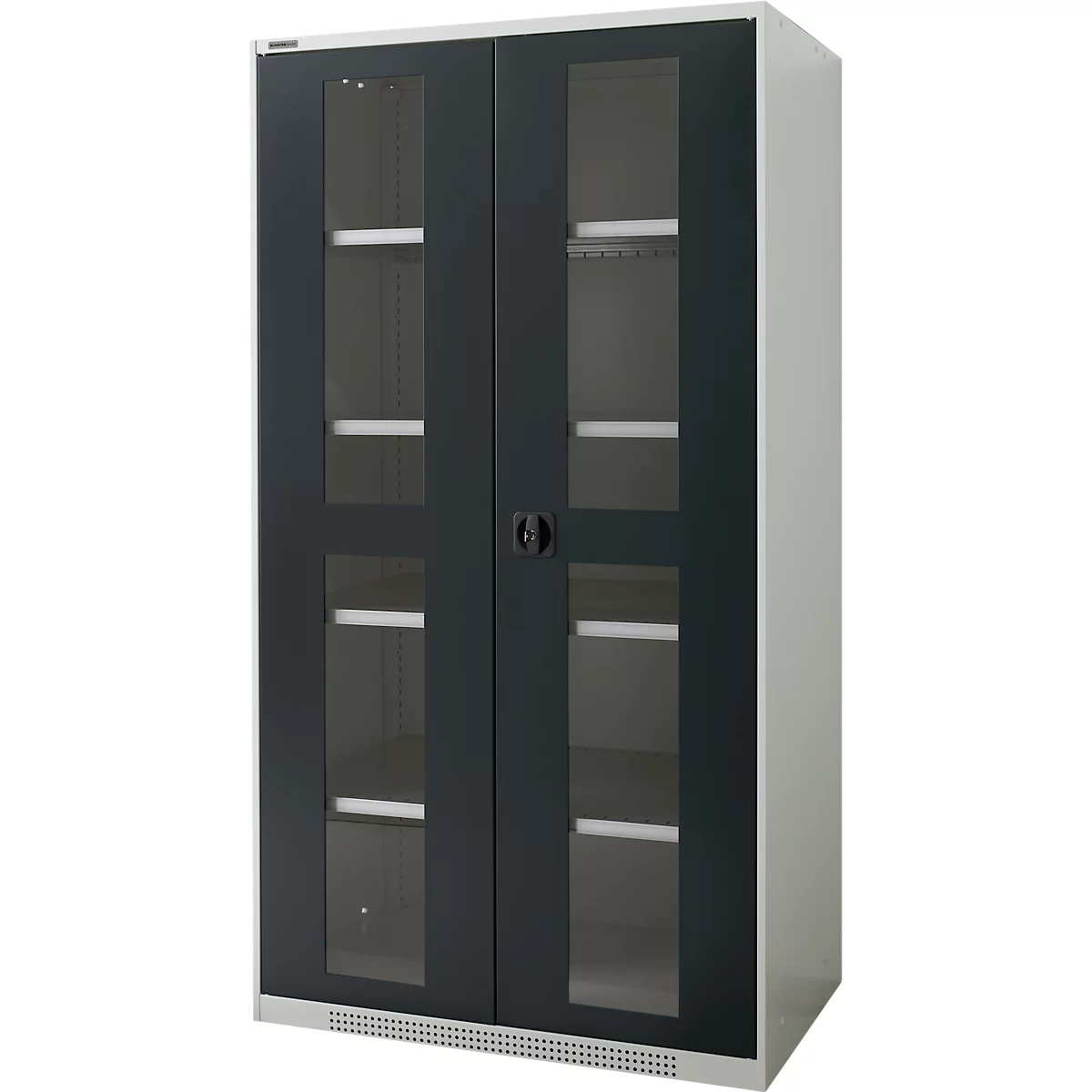 A cabinet with black double doors featuring glass windows and white shelves. The cabinet is set against a white backdrop.
