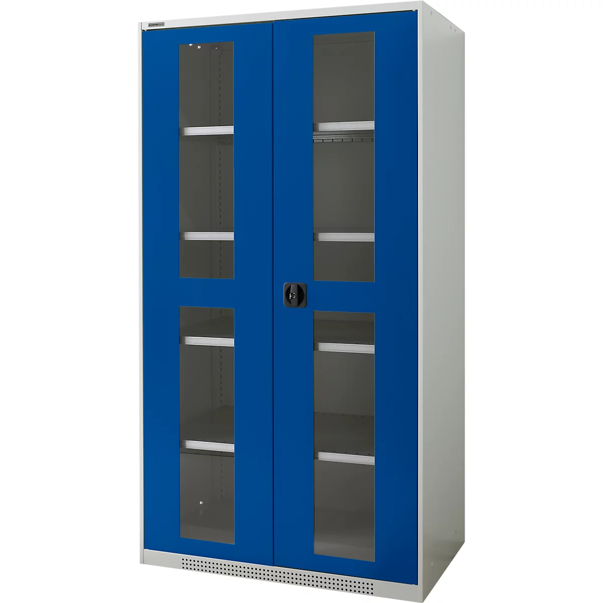 Blue and white cabinet with glass doors and shelves. Black handle in the middle.