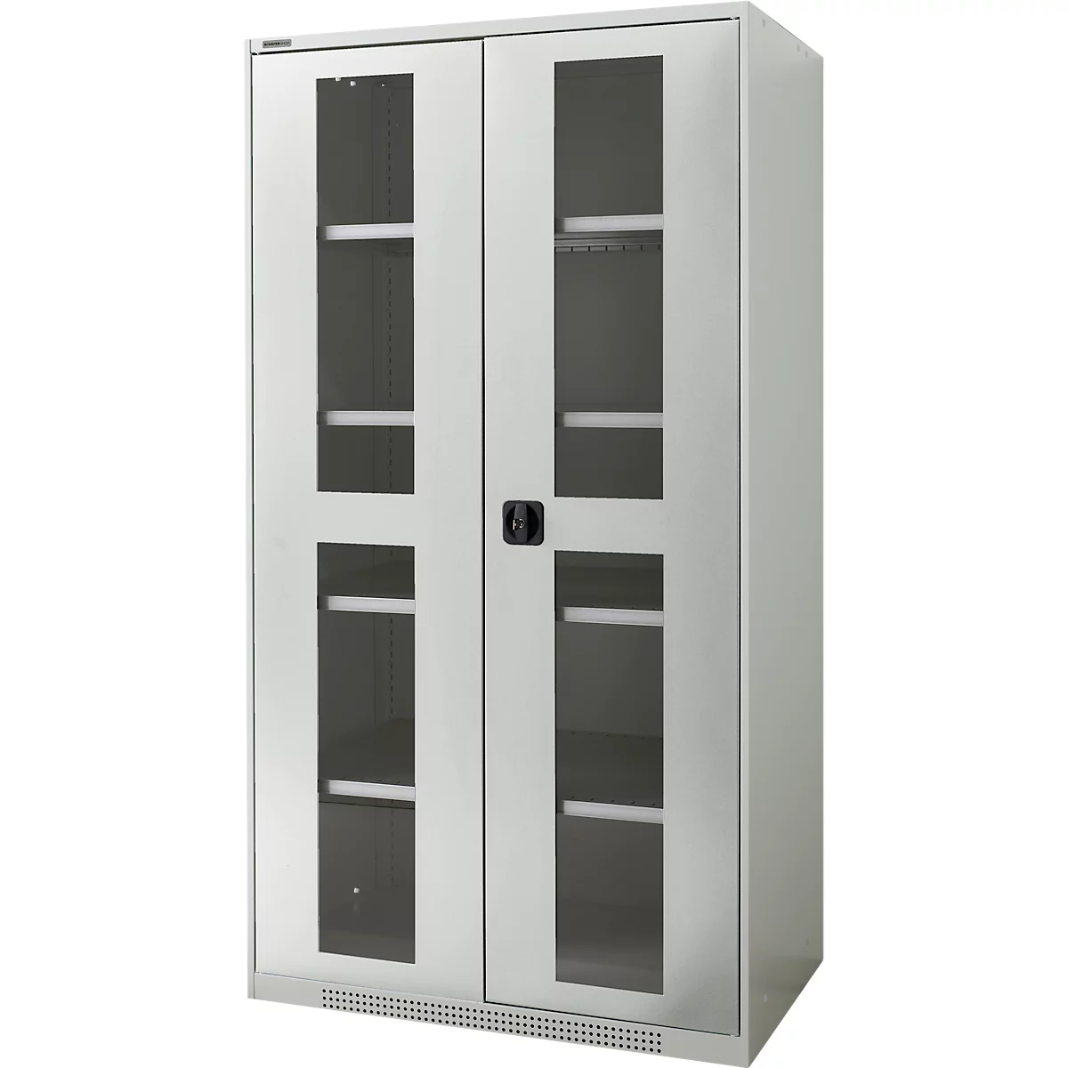 Gray cabinet with glass doors, black handle, and shelves. The doors are closed.