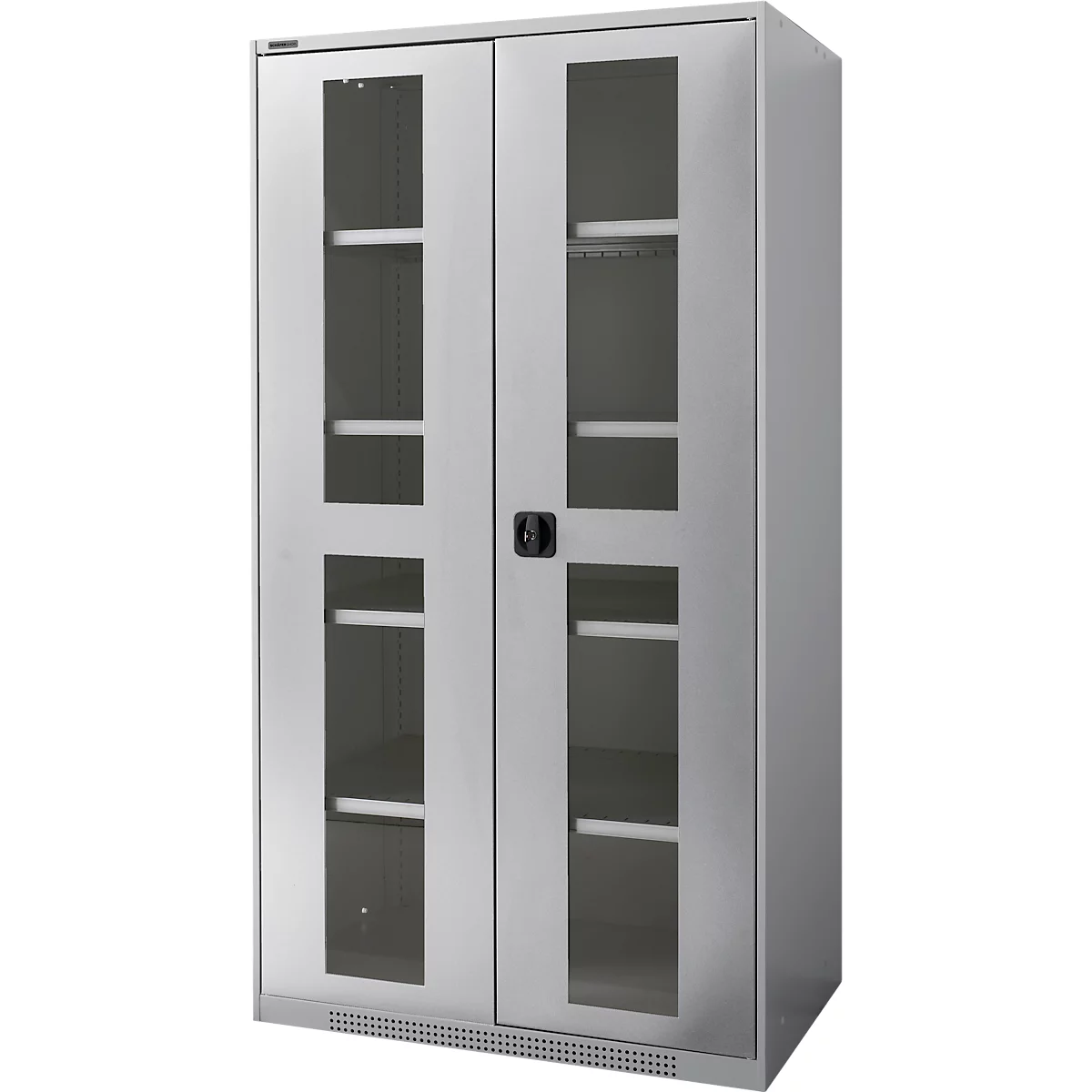 Silver cabinet with two glass doors, shelves inside. Black door handle in the middle.